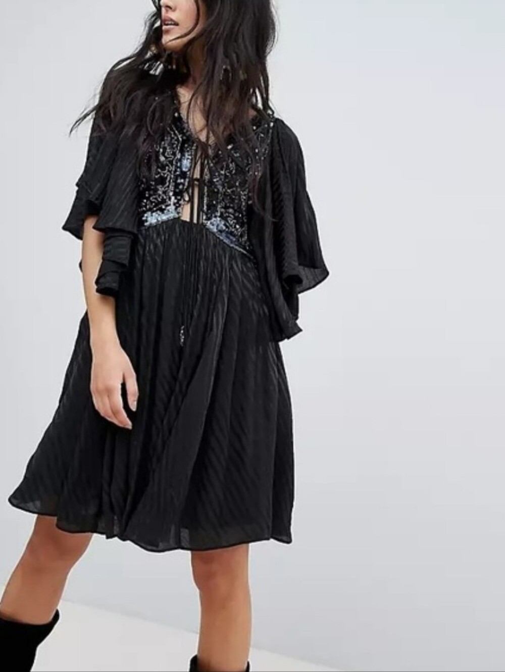 Free People Moonlight Romance Black Sequin-Trim Dress